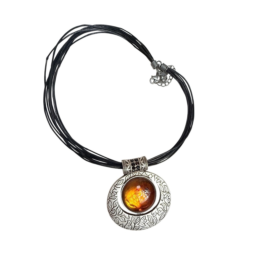 Lia Sophia Crescent Moon Necklace Amber Resin Silver Tone Boho Celestial Cord - Picture 2 of 5